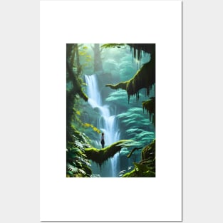 A Cute Girl Chilling with Waterfalls in a Forest Posters and Art